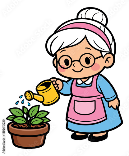 Cute line art illustration of an elderly woman depicting watering a potted plant for gardening