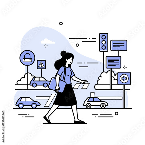 Caucasian female adult crossing urban street with traffic signs and cars in minimalist style