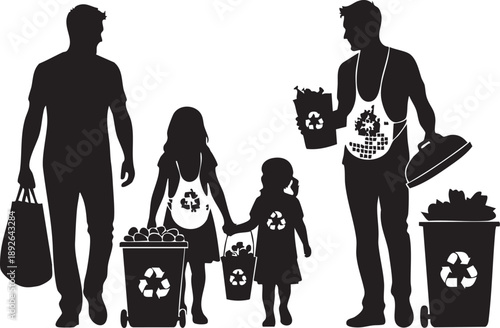 Family Recycling Silhouette with Reusable Bag, Containers, and Labeled Bins in Eco-Friendly Scene