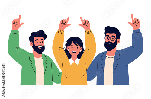 Three diverse young adults celebrating with upraised hands
