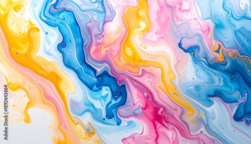 Abstract fluid art with swirling patterns in vibrant yellow, pink, and blue hues