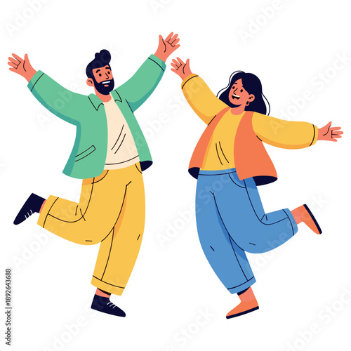 Joyful cartoon characters celebrating with raised hands