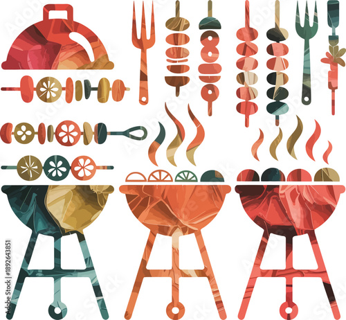 Colorful bbq grills with various meats and utensils for outdoor cooking
