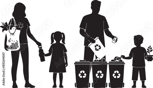 Family Recycling Silhouette with Reusable Bags, Bins, and Potted Plant in Eco-Friendly Scene