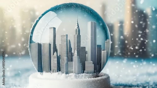 Miniature city skyline encased in glass with snow and skyscrapers creating a winter wonderland effect
