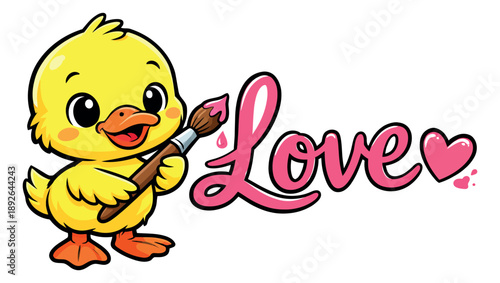 Cute cartoon illustration of a duckling depicting painting the word love for romantic celebrations