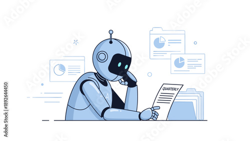 Robot analyzing quarterly report in futuristic office setting for business insights