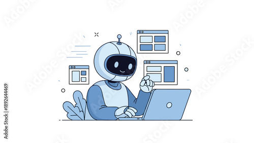 Cute robot with laptop exploring digital interfaces in technology concept art