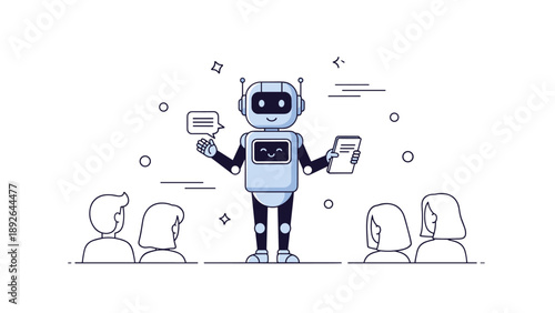 Illustration of a smiling robot giving a presentation to an audience