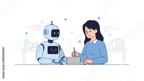 Asian female adult collaborating with robot on bookwriting project in modern office