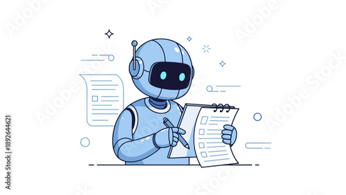 Cartoon robot completing checklist with pencil and floating papers