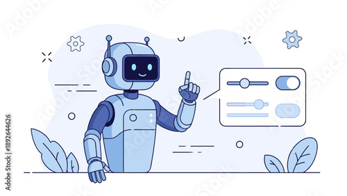 Smiling robot adjusting settings in futuristic interface with plants and gears