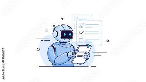 Cute robot holding a checklist with blue digital interface and checkmarks