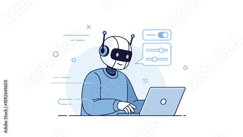 Robotic assistant using laptop with interface elements in futuristic design