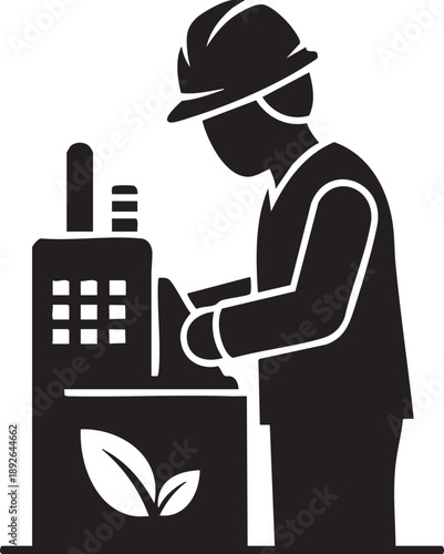 Worker Silhouette Operating Eco-Friendly Factory Machine