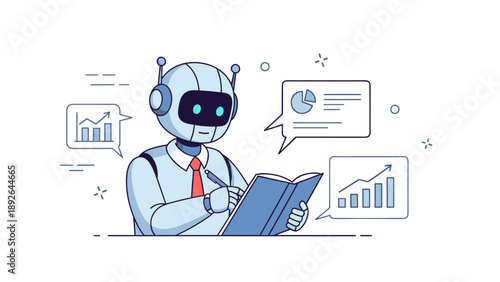 Ai robot analyzing data and charts in business report