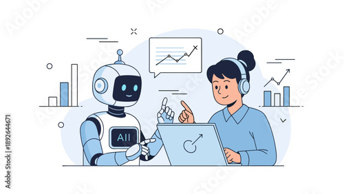 Asian female engaged in discussion with robot on technology and analytics