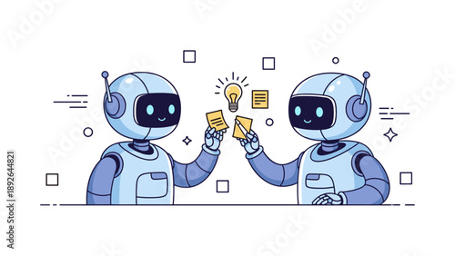 Two cute robots exchanging ideas with lightbulb and notes illustration