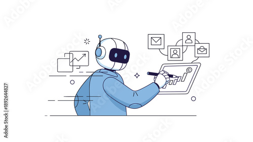 Ai robot analyzing data on digital tablet with graphs and email icons