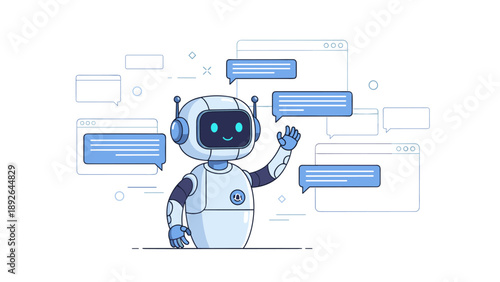 Friendly robot interacting with speech bubbles in digital interface