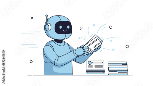 Friendly blue robot organizing papers in a modern office setting