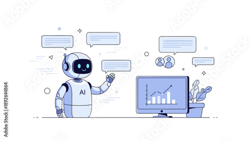 Friendly ai robot analyzing data on monitor with chat bubbles in minimalist office setting