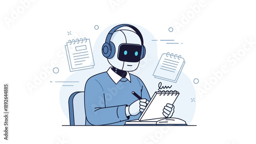 Ai robot taking notes with headset and diary in futuristic setting