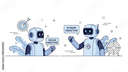 Two robots discussing objectives in futuristic setting