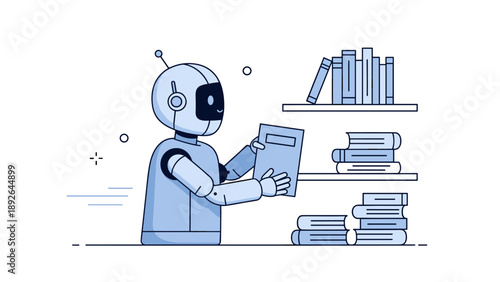 Cartoon robot organizing books in library