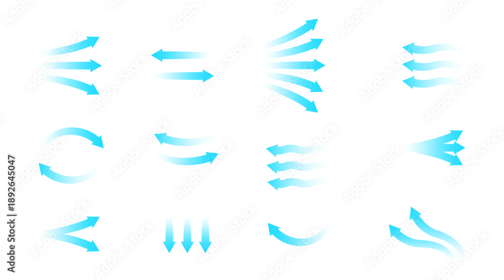 Fototapeta premium Air flow vector set. Blue arrows showing direction of movement and wind stream. Cold fresh air from conditioner. Isolated on white background illustration for climate control and ventilation.