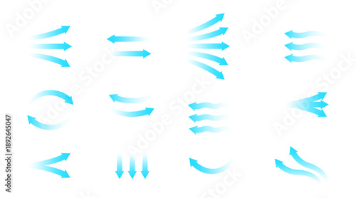 Air flow vector set. Blue arrows showing direction of movement and wind stream. Cold fresh air from conditioner. Isolated on white background illustration for climate control and ventilation.