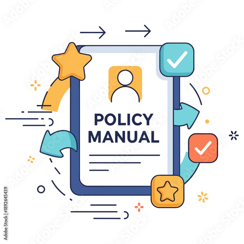 Colorful policy manual document with icons and arrows illustrating guidelines