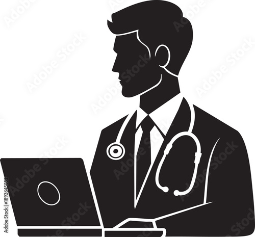 Medical Professional Silhouette with Laptop and Stethoscope in Remote Healthcare Setting