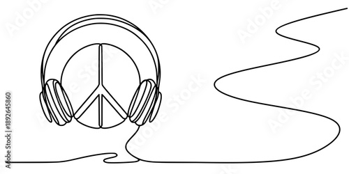 A hand-drawn sketch of headphones with continuous black lines and headphone cables resembling snakes on a white background.