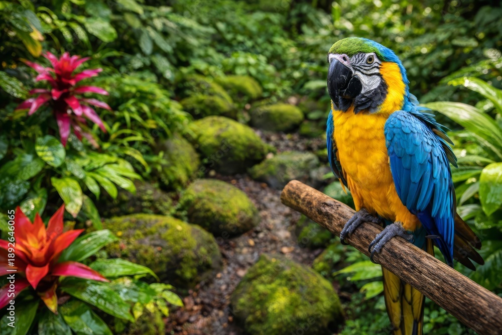 Obraz premium Colorful tropical macaw parrot perching on branch in rainforest