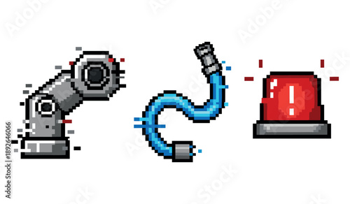 Pixel art mechanical arm, blue hose, red alarm light icons