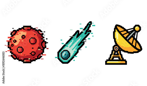 Pixel art of red planet, comet, and satellite on white background