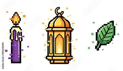 Colorful pixel art of lantern, candle, and leaf on white background