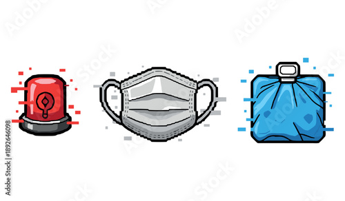 Pixel art icons: alarm, face mask, ice pack for emergency and health