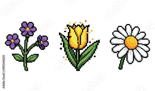 Colorful pixel art flowers: purple, yellow, white