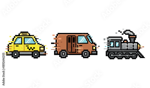 Pixel art vehicles: taxi, van, and train illustrations on white background