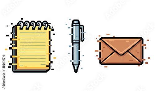 Pixel art icons of notebook, pen, and envelope in digital style