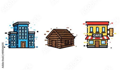 Diverse building styles with skyscraper, log cabin, and café