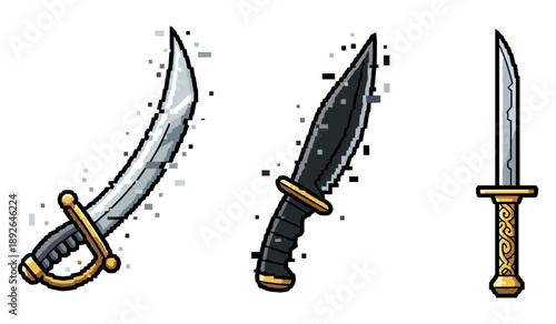 Cartoon swords and daggers: curved, black handle, ornate designs