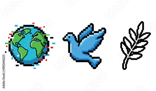 Pixel art: globe, blue dove, and olive branch symbols for peace and unity