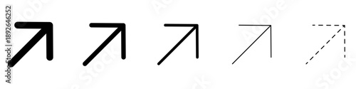 Arrow icon. Diagonal arrow pointing up-right with a right angle: five thickness variations, isolated on a white background. Vector illustration.