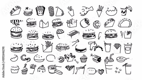 Asian style street food doodle icon pack: noodles and sushi. Hand-drawn animated elements. 4K loop with alpha channel.