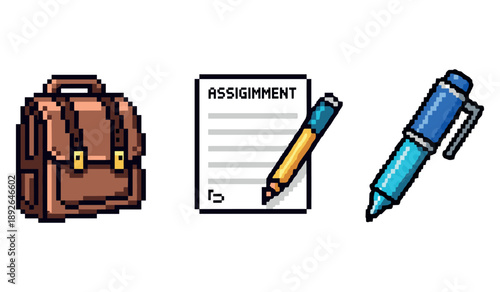 Pixel art school supplies: backpack, assignment sheet, pencil, and pen