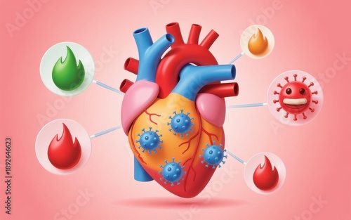 Anatomical illustration of a human heart surrounded by icons symbolizing health and disease factors from various viewpoints