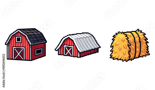 Pixel art barns and hay bale: rustic farm icons in red and yellow